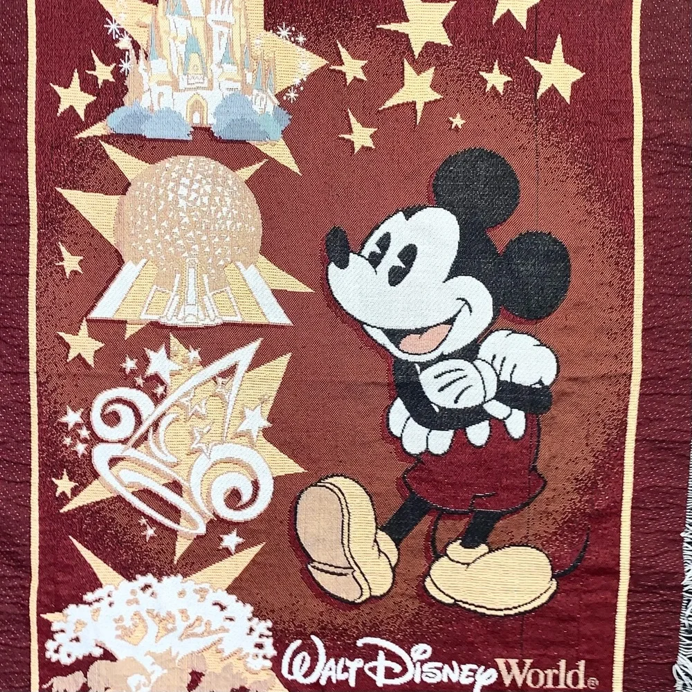 Disney Mickey Mouse Maroon & Gold Tapestry Woven Fringed Throw Blanket